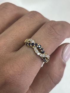 Vintage Twist Sapphire Ring, 18k Yellow Gold, Estate Vintage Jewelry, Sapphire toi et moi ring, anniversary gift for wife, best friend gift Jewelry Material: Yellow Gold 18k (the gold has been tested by a professional) Total Carat Weight: 0.76ct (Approx.) Total Metal Weight: 5.48g Size:  7.5 US \ EU 55.3 \ Diameter 17.75mm (inner diameter) Grading Results: Stone Type: Diamond Shape: Round Carat: 0.36ct (Approx.), Stones quantity:12 Color: G Clarity: SI2 Grading Results: Stone Type: Sapphire Shap Elegant Sapphire Ring With Diamonds As Gift, Dazzling Yellow Gold Sapphire Ring For Wedding, Elegant Gold Sapphire Ring With Diamond Cut, Luxury Sapphire Diamond Anniversary Ring, Exquisite Round Cut Sapphire Ring As Gift, Elegant Sapphire Jewelry For Promise, Exquisite Round Cut Sapphire Ring, Cubic Zirconia Half Eternity Sapphire Ring Gift, Gift Sapphire Ring With Half Eternity Cubic Zirconia