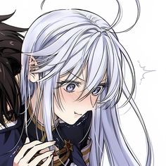 two anime characters with long white hair and blue eyes