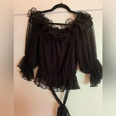 Off The Shoulder Blouse Ties In Front Or Back Feminine Black Tops For Party, Feminine Black Top For Party, Feminine Black Party Blouse, Feminine Black Party Top, Feminine Black Blouse, Feminine Black Top For Evening, Feminine Black Evening Top, Feminine Black Blouse For Date Night, Feminine Black Top For Brunch