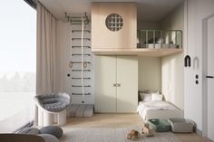 a bedroom with a bunk bed and stairs to the top floor, next to a window