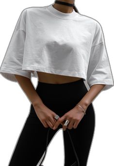 Stretch Cropped T-shirt With Crew Neck For Streetwear, Athleisure Stretch Cropped T-shirt For Streetwear, Oversized White Cropped T-shirt With Crew Neck, Oversized Crew Neck Cropped T-shirt For Loungewear, Black Crew Neck Cropped T-shirt For Streetwear, Cropped Crewneck, Crewneck Style, Cropped Style, Half Sleeves