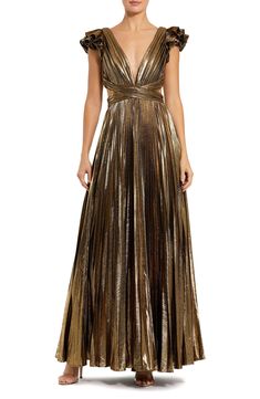 Be a vision of glamour in this metallic plissé gown showcasing elegant gathers on the cutout waist and slender cords that lace up along the open back. 60" length Hidden back-zip closure; ties at back Plunge neck Cap sleeves Lined 100% polyester Spot clean Imported Asian & Pacific Islander Owned/Founded Luxury Pleated Evening Dress, Luxury Pleated Evening Dress For Gala, Glamorous Floor-length Evening Dress With Pleated Back, Metallic Maxi Length Evening Dress For Gala, Metallic Maxi Evening Dress For Gala, Luxury Pleated Evening Dress For Party, Metallic Floor-length Maxi Dress For Gala, Glamorous Floor-length Pleated Evening Dress, Glamorous Pleated Back Maxi Dress For Gala