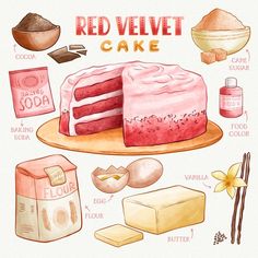 a red velvet cake is shown on a plate with other ingredients around it and labeled in english