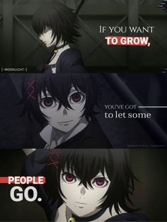 some anime characters with red eyes and black hair, one is saying people go if you want to grow