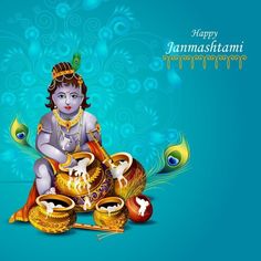 happy janmashtami greeting card with lord ganeshi and peacocks on blue background