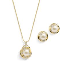 PRICES MAY VARY. LUXURY STYLE: Mariell Classic Style Wedding or Bridesmaid Jewelry Set Features a Pave Cubic Zirconia Knot Motif with Ivory Cultured Freshwater Button-Shape Pearls PERFECT SIZE: Elegant ⅝" Round Pendant Features a 9mm Ivory Cultured Freshwater Pearl, Matching ½" Earrings with 7mm Pearls - Luxurious Box Chain Necklace is Adjustable from 16" - 19" QUALITY DESIGN: Quality Cubic Zirconia Plated in Genuine 14K Yellow Gold Plating - Stunning Necklace and Earring Jewelry Set for Women - Gold Wedding Necklace, Brides Jewelry, Gold Necklace Wedding, Gold Jewelry Set, Pearl Necklace Earrings, Gold Jewelry Sets, Pearl Jewelry Sets, Bridesmaid Jewelry Sets, Women's Jewelry Sets