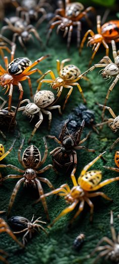 a group of spider sitting on top of a green surface next to each other with yellow and black legs