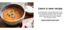 a bowl of soup with bread on the side and an advertise about it