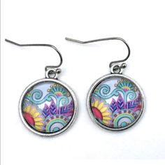 Retro Modern Boho Flower Earrings. Each Cabochon Is Set In Antique Silver Alloy Tray. About Dime Sized. Handcrafted In Upstate Ny Multicolor Nickel-free Dangle Flower Earrings, Nickel Free Multicolor Dangle Flower Earrings, Nickel-free Multicolor Dangle Flower Earrings, Multicolor Flower-shaped Hypoallergenic Earrings, Hypoallergenic Multicolor Flower Earrings, Artistic Flower-shaped Earrings With Ear Wire, Multicolor Round Flower Earrings, Multicolor Nickel-free Drop Flower Earrings, Whimsical Adjustable Nickel-free Flower Earrings