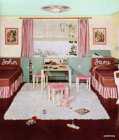 a child's bedroom with twin beds and toys on the floor