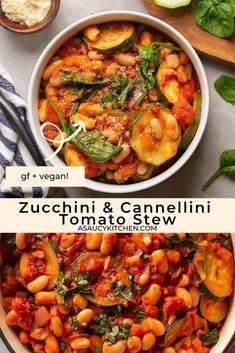 zucchini and cannelli stew with spinach in a white bowl on a table