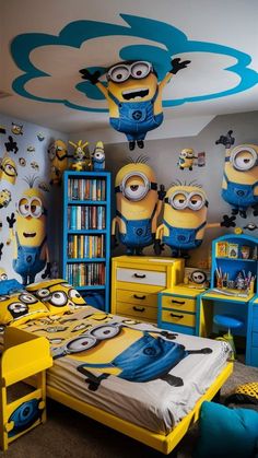 a bedroom decorated in yellow and blue with minion decorations on the walls, bedding and desks