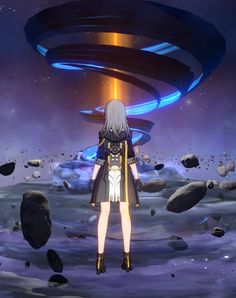 an anime character standing in front of a space station with rocks and planets around her