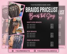 the braids price list is displayed on a blackboard with pink and white images