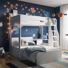 a child's bedroom with a space theme painted on the wall and bunk bed