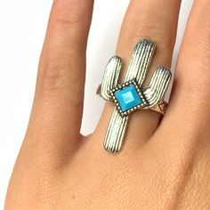 Silver Tone Cactus Ring With Blue Gemstone New Without Tags Size 8 Turquoise Western Style Summer Jewelry, Trendy Blue Sterling Silver Jewelry, Nickel-free Turquoise Metal Rings, Southwestern Style Blue Nickel-free Rings, Southwestern Blue Jewelry For Summer, Blue Southwestern Style Jewelry For Summer, Western Style Blue Sterling Silver Ring, Blue Southwestern Style Summer Jewelry, Silver Southwestern Jewelry For Summer