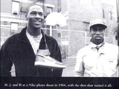 two men standing next to each other in front of a basketball hoop with the caption'm, i and h at a photo shoot shoot shot in 1994, with the shoe that started it started all