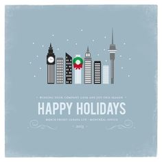 a holiday card with the words happy holidays in front of a cityscape and clock