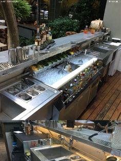 an outdoor kitchen with many pots and pans