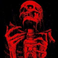 a red and black poster with a skeleton holding a bottle in it's hands