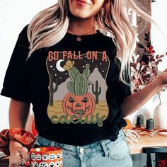 Go Fall On A Cactus Tee #style #outfitideas4you #momstyle #dailyparenting #wearingtoday #millennialmom #springstyle #boutique #shopping #affordablestyle Cactus Sweatshirt, Fall Shirts For Women, Cactus Shirt, Sweatshirt Halloween, Statement Tees, Tee Shirt Designs, Fall Sweatshirt, Halloween Sweatshirt, Shirts For Women