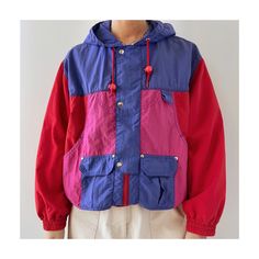 Vintage colorblock nylon hooded windbreaker jacket.  Circa 80s 90s.  Relaxed oversized fit.  100% nylon.  Bright red, pink and purple colorway.  Drawstring hem.  Zip up and snap button closure.  Medium to short length depending if you use the drawstring.  Multiple cargo pockets.  In great vintage condition.  No size labeled. Best fits XS or S and M petite (check arm length). I'm XS/S 5'7 wearing it in the photos.  〰️Measurements taken flat: Armpit to armpit - 23.25" Length(back collar seam to he Casual Pink Patchwork Windbreaker, Patchwork Nylon Windbreaker For Spring, Multicolor Hooded Windbreaker With Color Block, 90s Hooded Windbreaker For Spring, 90s Style Hooded Spring Windbreaker, 90s Hooded Spring Windbreaker, Multicolor Hooded Color Block Windbreaker, Multicolor Color Block Hooded Windbreaker, Retro Nylon Windbreaker With Pockets