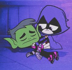 two cartoon characters sitting next to each other in front of a purple and blue background