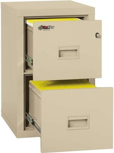 two file cabinets with yellow labels on the doors and one drawer is open to show files