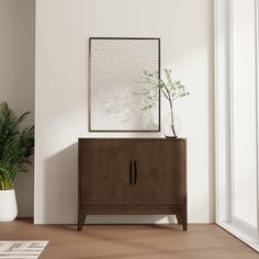 a plant is sitting on top of a wooden cabinet in the corner of a room