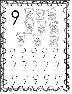 the number 9 worksheet with teddy bears and numbers for children to print out