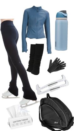 the contents of a woman's athletic outfit including gloves, water bottle and boot covers