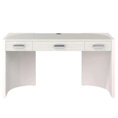 a white desk with two drawers on the top and one drawer at the bottom, in front of a white background