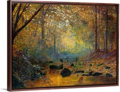 an oil painting of a forest with rocks and trees in the foreground, sunlight streaming through the trees