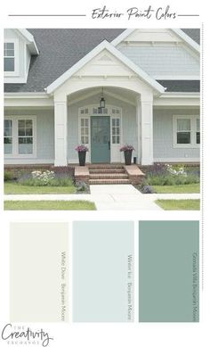 the exterior paint colors for this house are blue, green, and gray with white trim