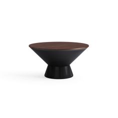 a wooden table with black legs and a brown top, on a white background in the shape of a cone