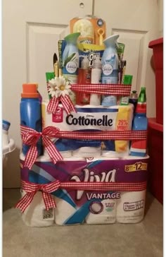 a stack of toiletries sitting on top of each other