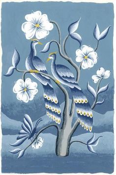 two birds sitting on top of a tree with white flowers