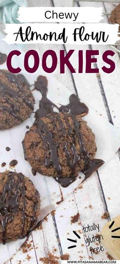 chewy almond flour cookies with chocolate drizzle on top and the words, chewy almond flour cookies