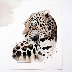 a painting of a leopard with blue eyes and spots on it's face, sitting in front of a white wall