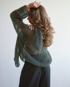 Hello, I'm the one, who won't let you down - khaki green mohair sweater. I will comfort you, keep you warm and will make you smile. I'm 100% hand made and proud of that. I consist of 70% italian kid mohair and 30% of nylon, which makes me incredibly natural. I'm quite unique as could be worn all year long. I'm in one size and one size fits all because my measurements are : ❤️ Width -(under a bra -58 cm, on the bottom -52 cm) ❤️ Lengths -54 cm I'm a unique one, you could were me with open back or Oversized Mohair Sweater With Soft Texture, Oversized Open Knit Green Sweater, Green Mohair Knitted Sweater, Green Mohair Cozy Sweater, Cozy Mohair V-neck Sweater, Sweater Oversize, Chic Sweaters, Stylish Sweaters, Light Sweater