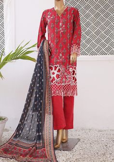 Bin Saeed Ready Made Embroidered Lawn Dress - db25900 Embroidered Lawn Suit For Summer Festivals, Cotton Chikankari Embroidery Party Dress, Red Embroidered Dress With Resham For Eid, Cotton Party Dress With Chikankari Embroidery, Embroidered Summer Lawn Suit For Festive Occasion, Traditional Dresses With Embroidered Sleeves For Eid, Traditional Eid Dresses With Embroidered Sleeves, Summer Festive Embroidered Lawn Suit, Traditional Red Lawn Suit With Floral Embroidery