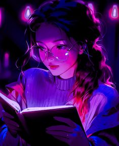 a woman wearing glasses reading a book in front of purple lights with her head turned to the side