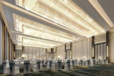 an empty banquet hall with tables and chairs