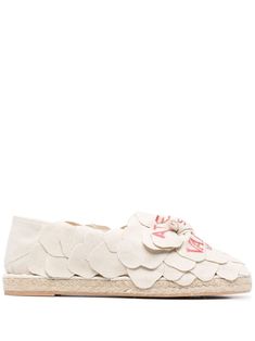 beige cotton/leather floral appliqué 3D detailing round toe text print branded insole flat sole Valentino Atelier, Designer Espadrilles, Valentino Garavani Shoes, Women's Espadrilles, Text Print, Leather Floral, Sole Shoes, Floral Applique, Espadrille Shoes