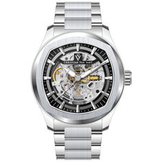 Stainless steel case, Stainless steel bracelet, Black dial, Automatic movement, Scratch resistant mineral, Water resistant up to 5 ATM - 50 meters - 165 feet Silver Stainless Steel Watch With Skeleton Dial, White Gold Stainless Steel Automatic Watch, Silver Automatic Stainless Steel Watch, Silver Watches With Skeleton Rectangular Dial, Silver Watches With Skeleton Dial And Rectangular Shape, Silver Rectangular Skeleton Dial Watch, Silver Automatic Watch With Rectangular Dial, Silver Automatic Watch Accessories With Rectangular Dial, Mineral Water