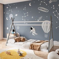 a child's bedroom with space themed wallpaper