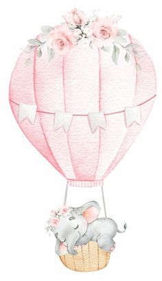 an elephant in a hot air balloon with flowers on it's tail and the top half