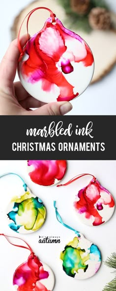 marbled ink christmas ornaments with text overlay that reads marbled ink christmas ornaments