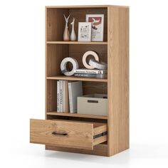 a wooden bookcase with drawers and some items