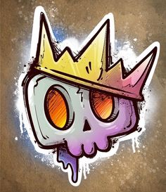 a skull with a crown on it's head is painted in purple and yellow